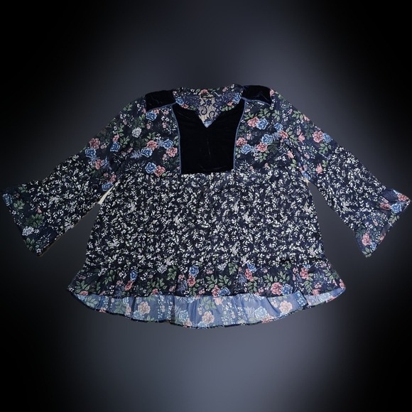 Suzanne Betro Boho Floral Velvet Sheer Lace Top Plus Size 3x with ruffle - Picture 7 of 14
